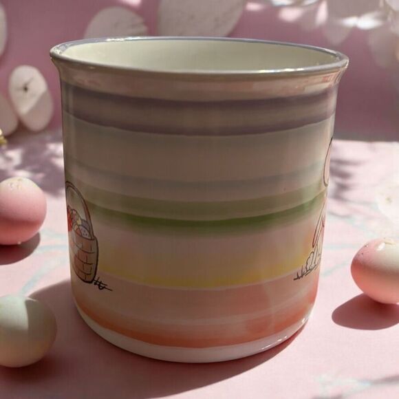 Peanuts Colorful Stripes 20oz Coffee Mug Snoopy & Easter Bunny Basket Eggs New C - Picture 2 of 5